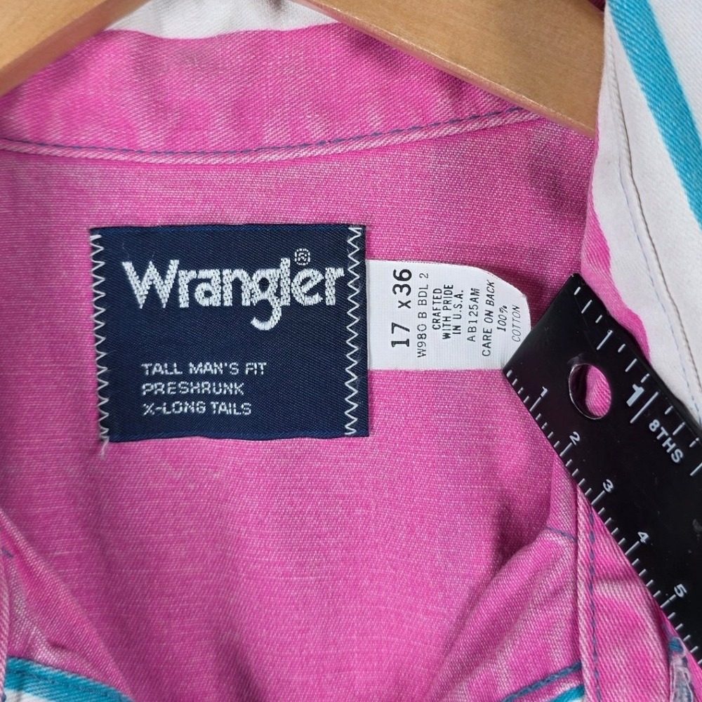 Vintage Wrangler Brushpopper Mens Western Shirt Pink Striped X-Long Tails 17x36 - Picture 3 of 10